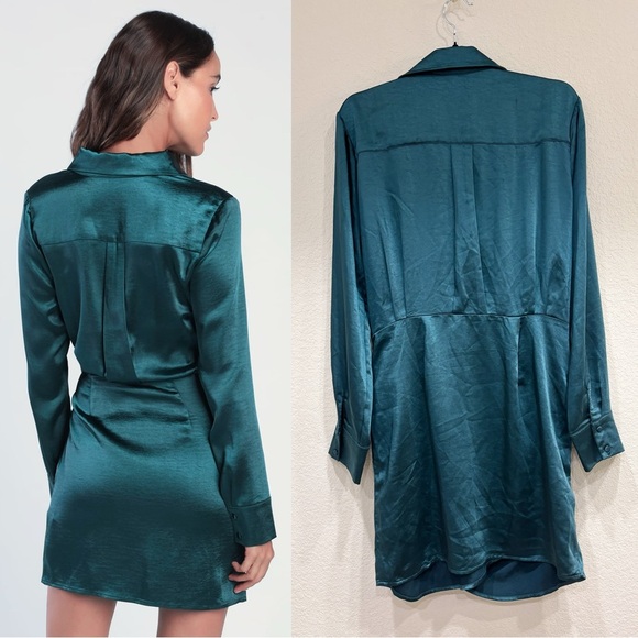Lulu's Teal Satin Mini Wrap Dress - Picture 2 of 8